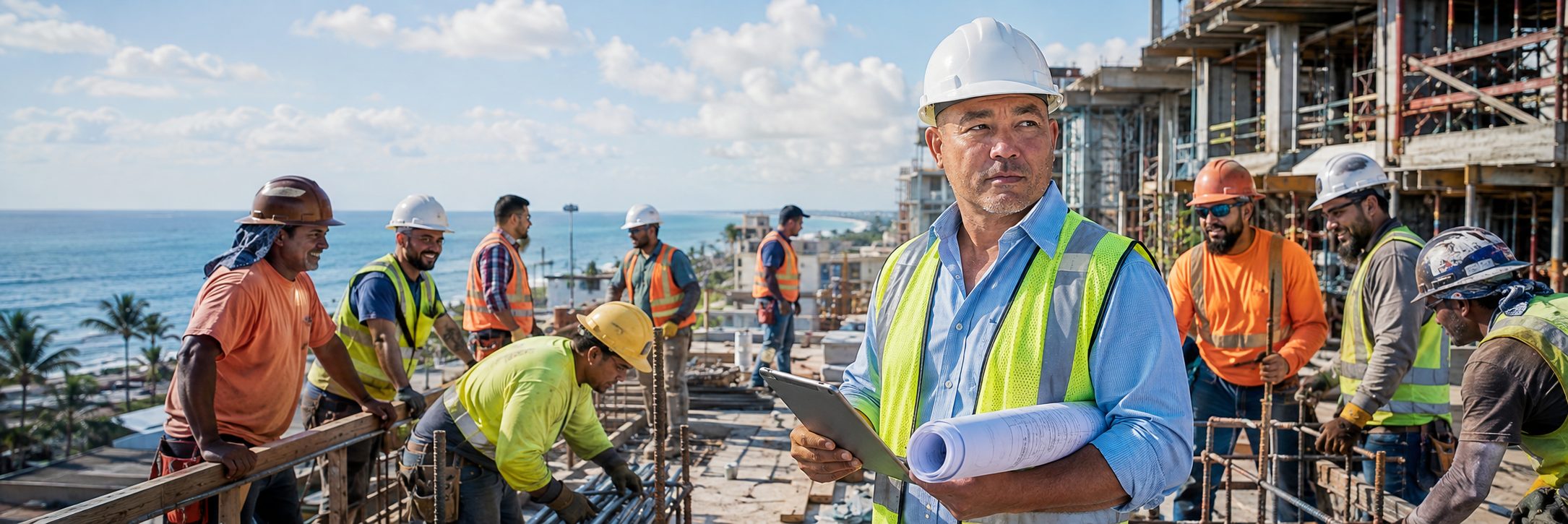 Coastal concrete construction crew setting rebar and formwork on an oceanfront job site