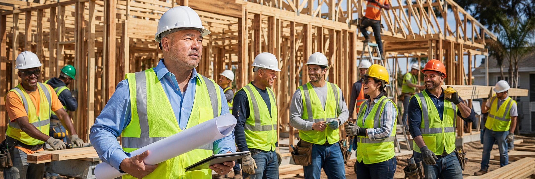 Construction framing crew of day laborers building a residential wood-frame structure