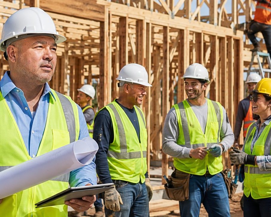 Day labor construction crew framing a residential build
